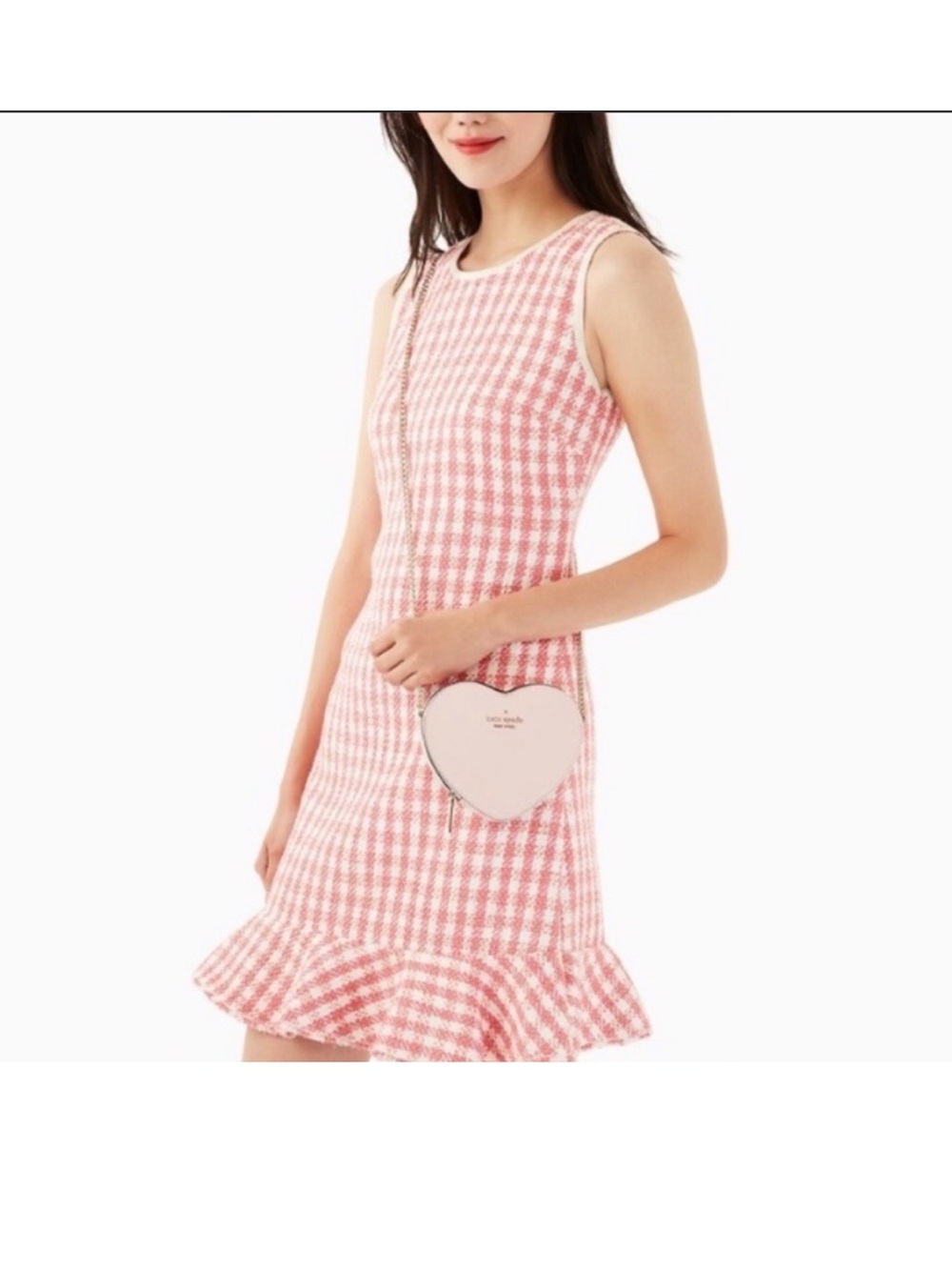 Kate Spade pink and white gingham checkered tweed winter ruffles hem dress 12